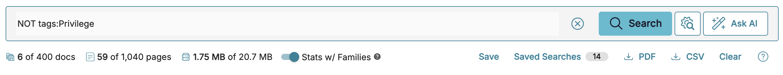 Search interface displaying document count and pagination options for results.